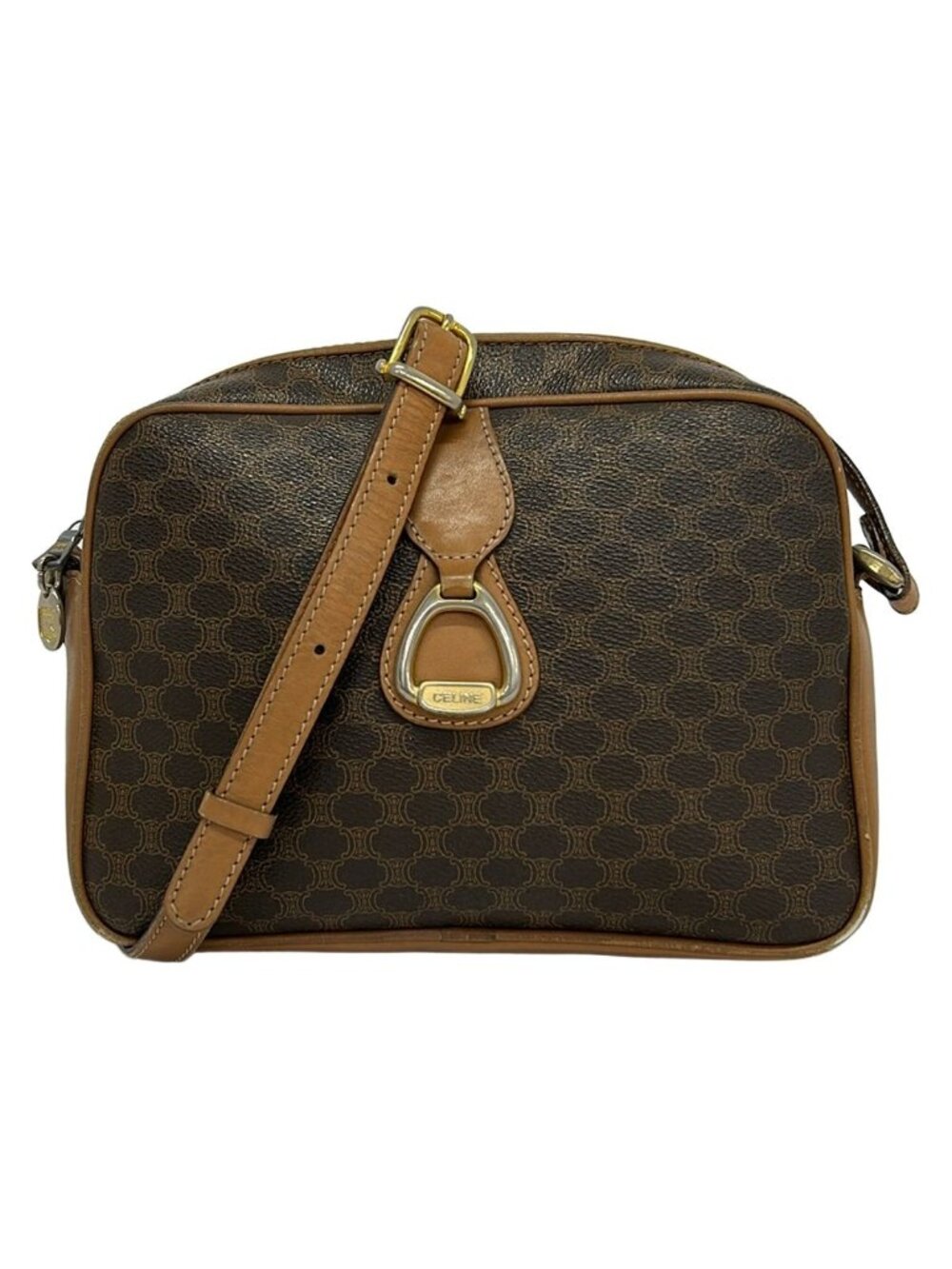 Celine Shoulder Bag Macadam Pattern Dark Brown Leather